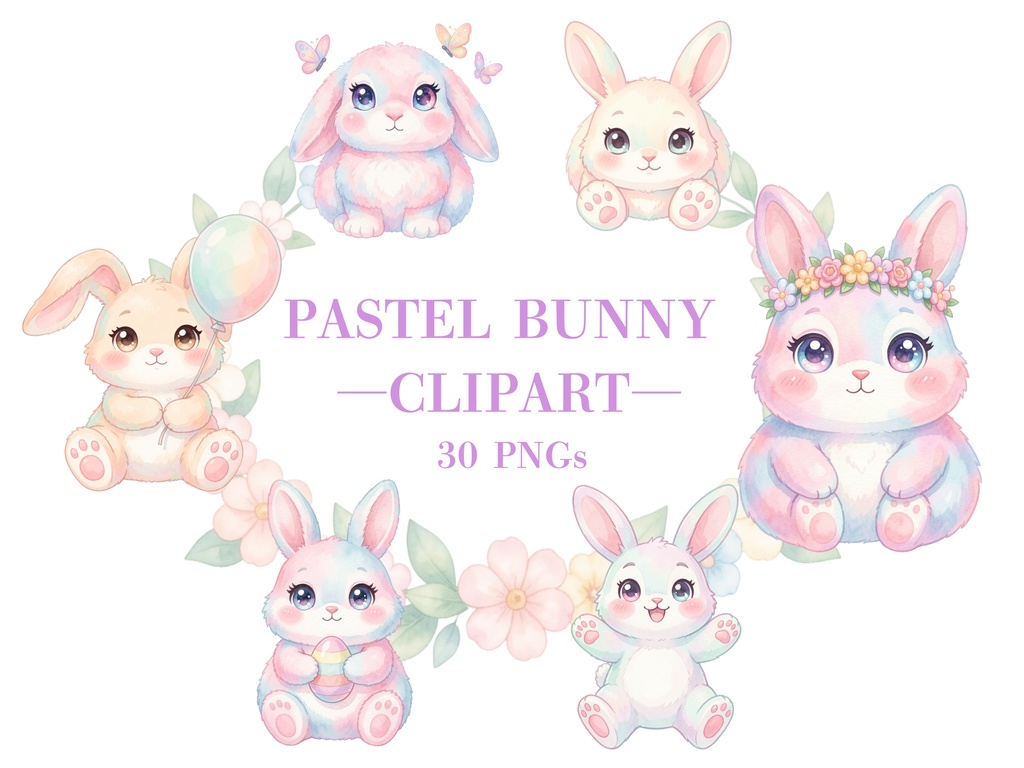 パステルうさぎクリップアート30点｜PNG素材｜背景透過｜かわいい水彩うさぎイラスト｜商用利用OK