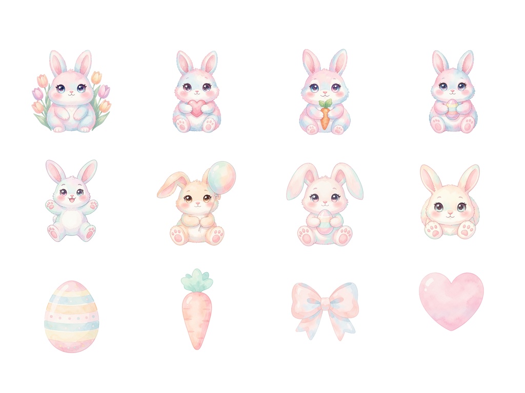 パステルうさぎクリップアート30点|PNG素材|背景透過|かわいい水彩うさぎイラスト|商用利用OK