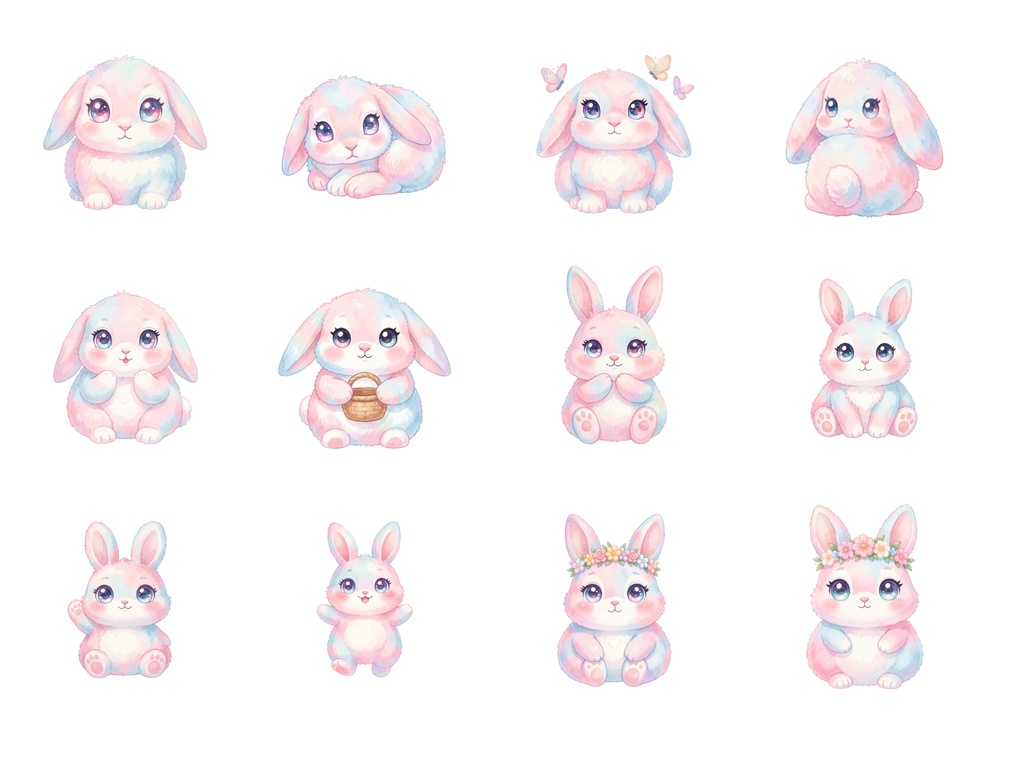 パステルうさぎクリップアート30点|PNG素材|背景透過|かわいい水彩うさぎイラスト|商用利用OK