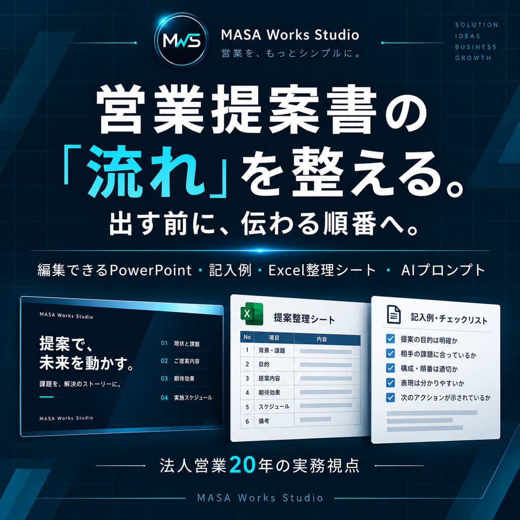 営業提案書の「流れ」を整える実務キット｜編集できるPowerPoint・記入例・商談整理Excel・AIプロンプト15本