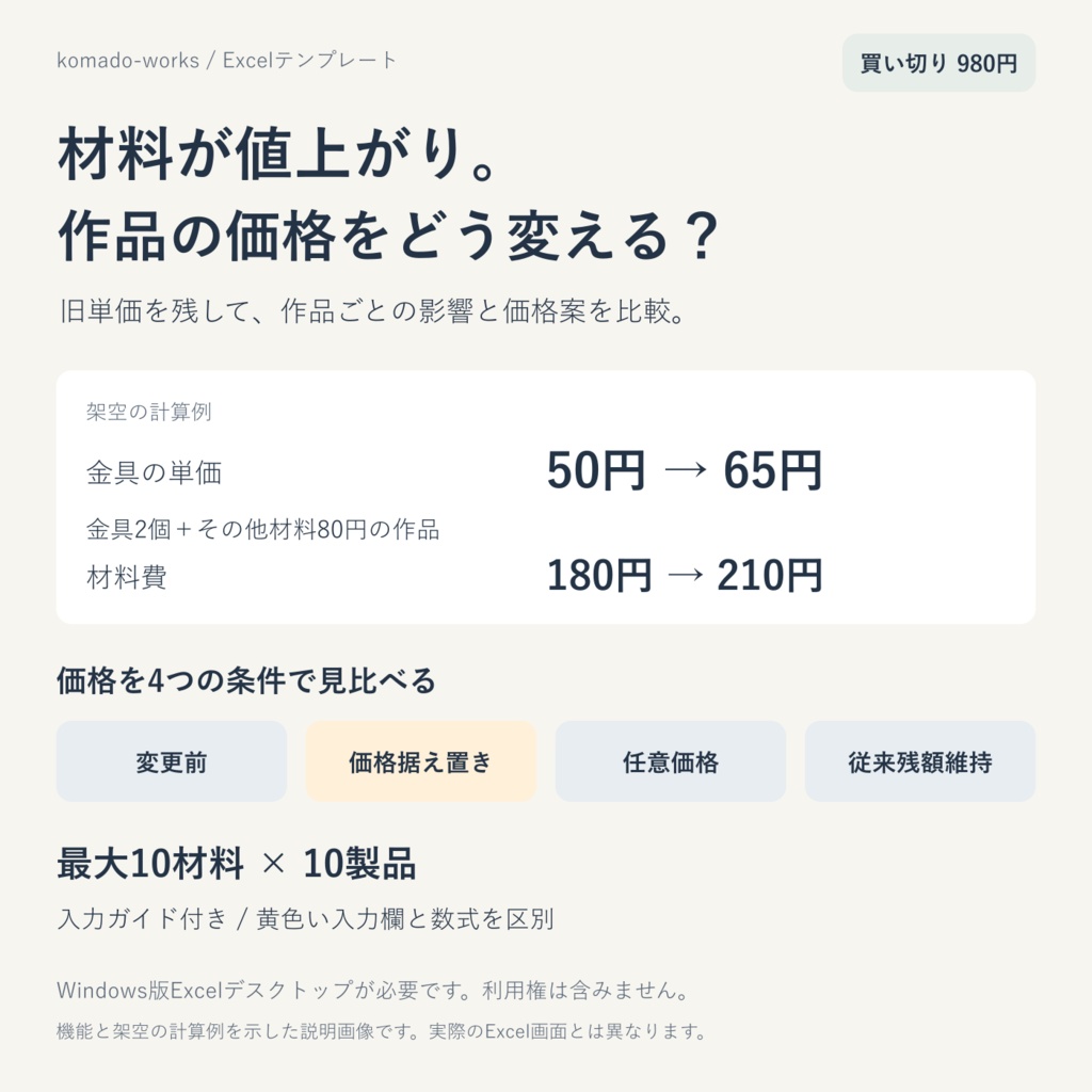 材料が値上がりしたら、定番品の価格を見直すExcel表|10材料×10製品