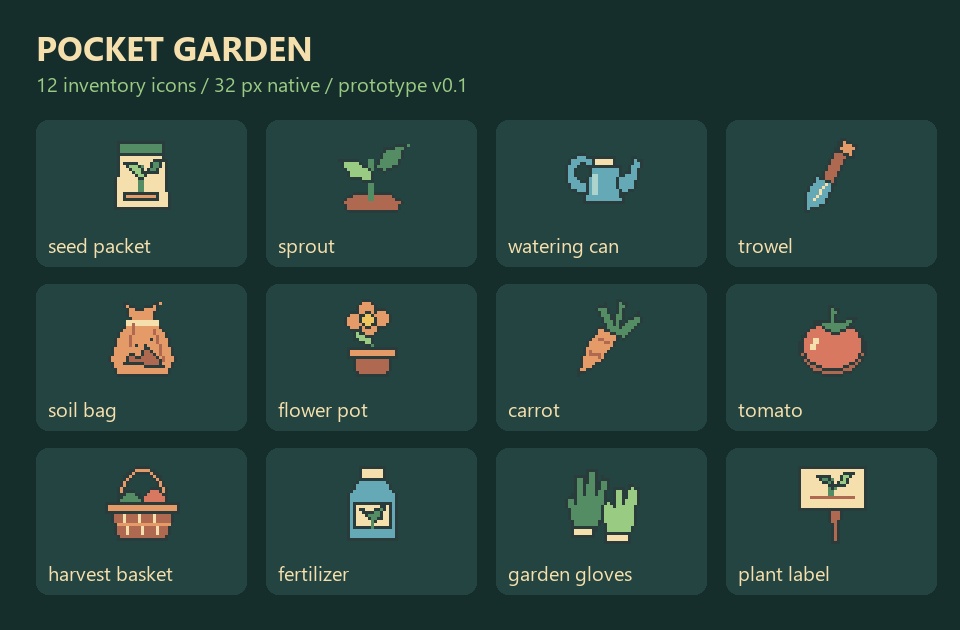 園芸道具と野菜のドット絵12種｜Pocket Garden
