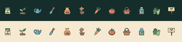 園芸道具と野菜のドット絵12種|Pocket Garden