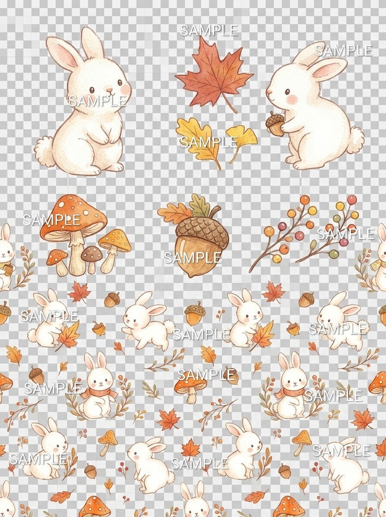 【デジタル文具セット】秋のほっこりウサギ素材集(A4メモPDF / 透過ステッカー / パターン画像)