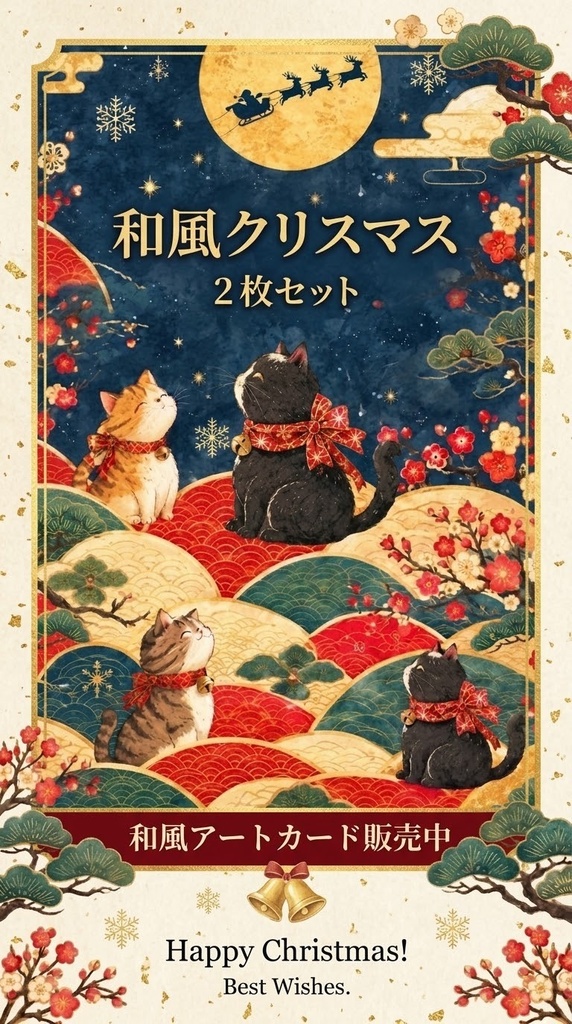 【デジタルカード2枚セット】和風イラスト×クリスマス猫のメッセージカード