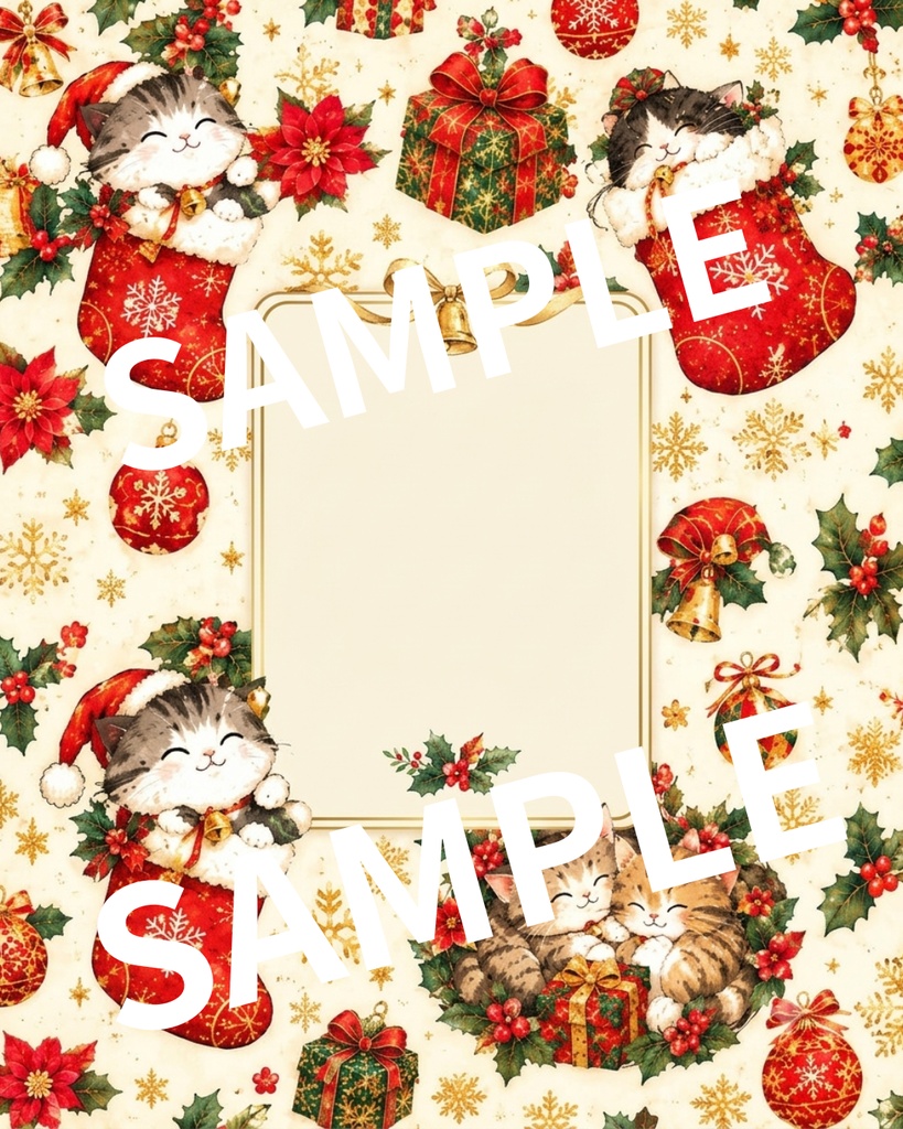 【デジタルカード2枚セット】クリスマス靴下と猫ちゃんのメッセージフレームカード