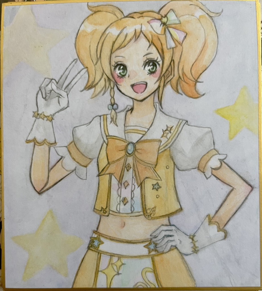 アイカツ アイカツスターズ イラストミニ色紙 手描きイラスト 二階堂ゆず オレンジシャインスターズコーデ