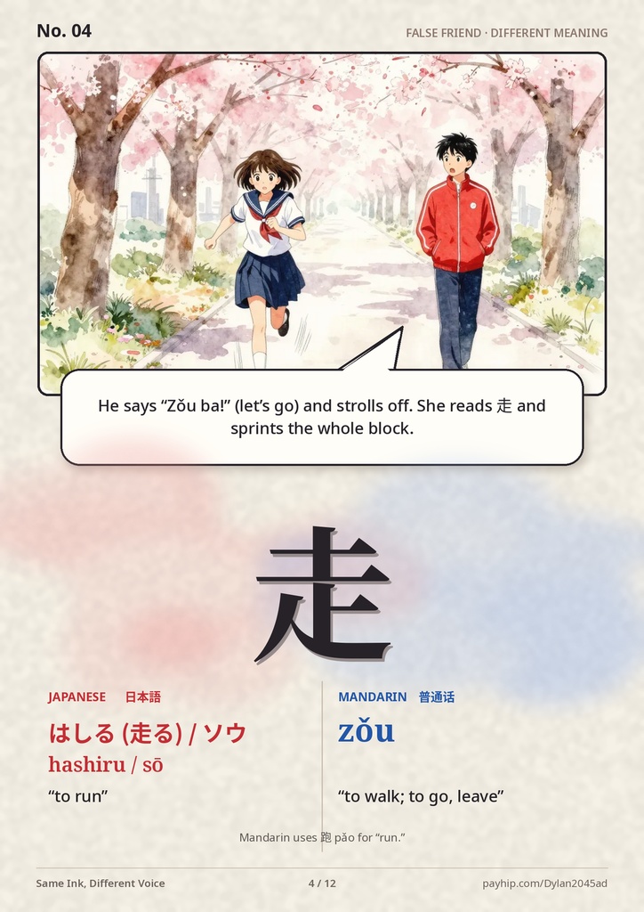 同じ字、違う声|日中で読みが違う漢字12の水彩ミニ漫画(英語PDF)