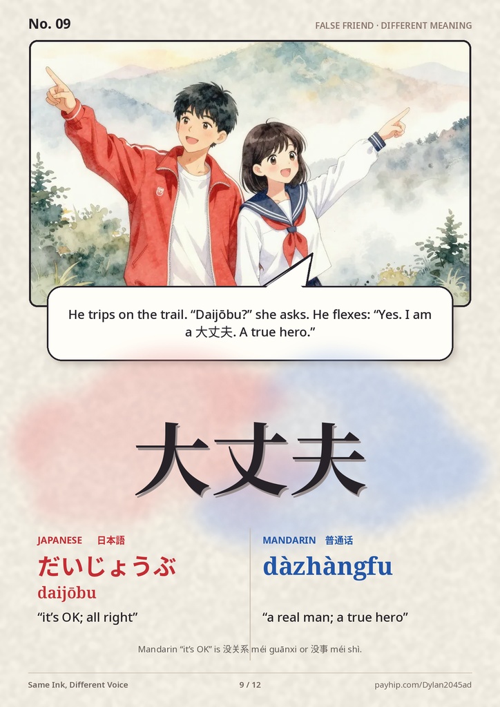 同じ字、違う声|日中で読みが違う漢字12の水彩ミニ漫画(英語PDF)