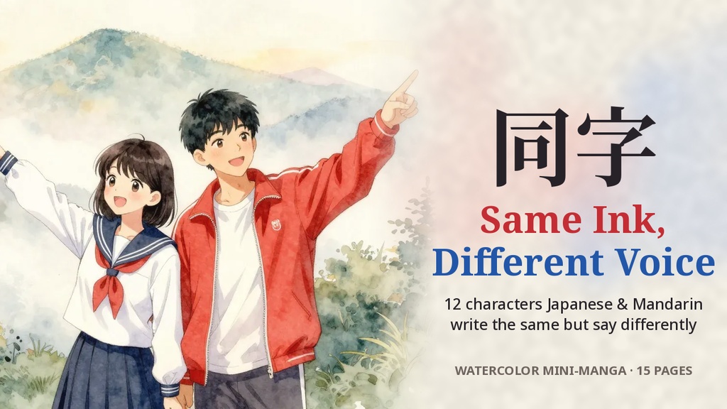 同じ字、違う声｜日中で読みが違う漢字12の水彩ミニ漫画（英語PDF）