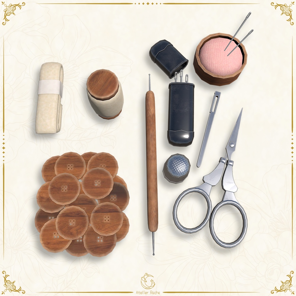 3Dモデル アンティーク風刺繍道具セット