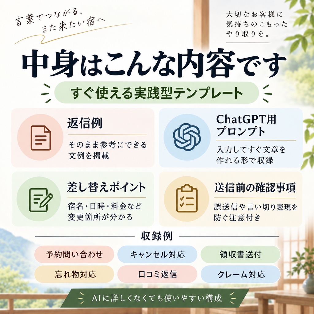小さな宿の接客メール・返信テンプレ20|ChatGPTですぐ使える実践文例集