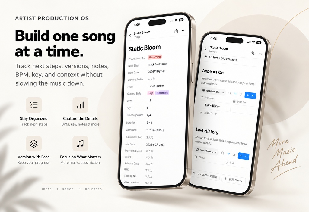 Artist Production OS | ScoreLoom Studio - アーティスト・バンドのためのNotion楽曲・リリース・ライブ管理システム【日本語版】