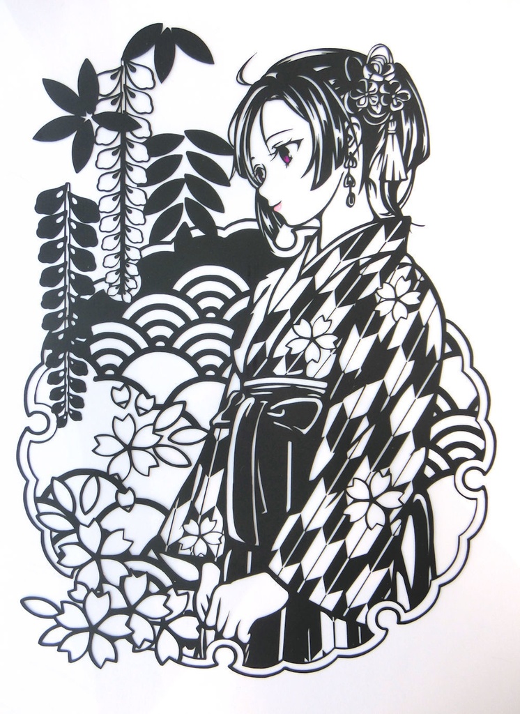 切り絵『大正ロマン矢絣女学生』