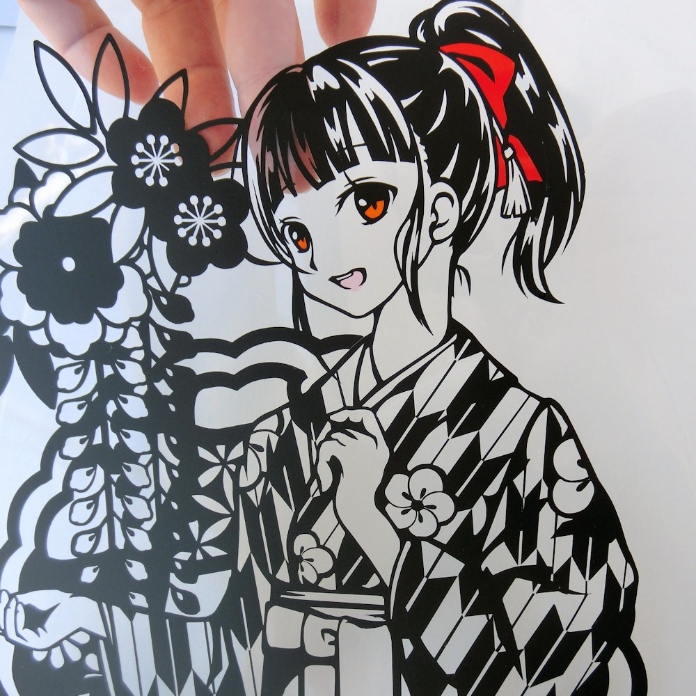 切り絵『大正ロマンポニーテールの女学生』