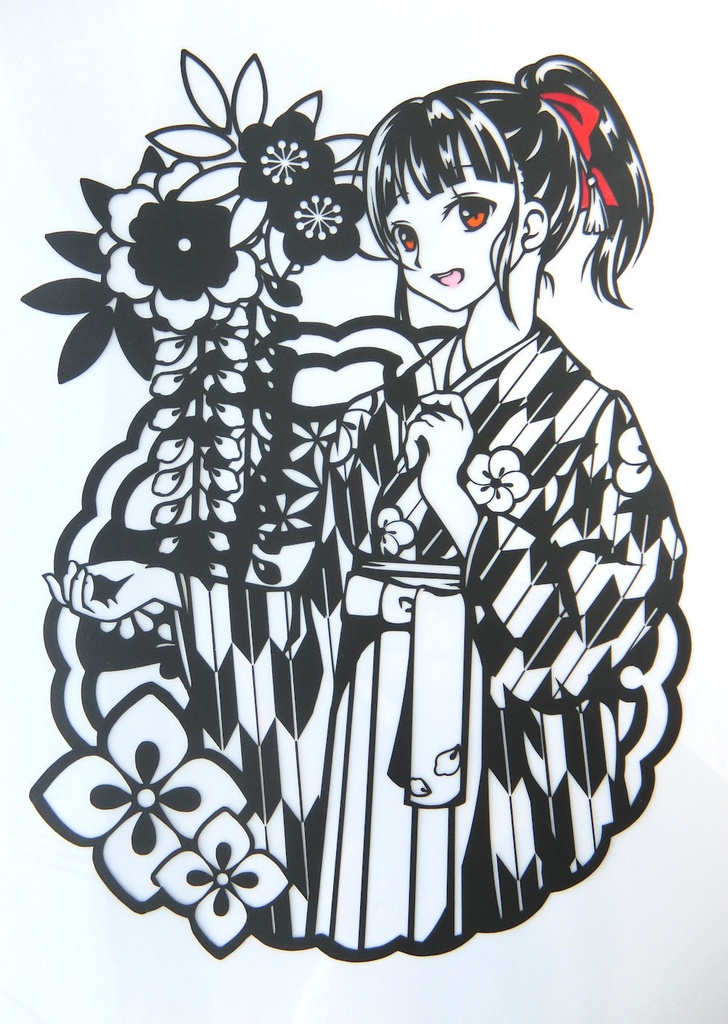 切り絵『大正ロマンポニーテールの女学生』