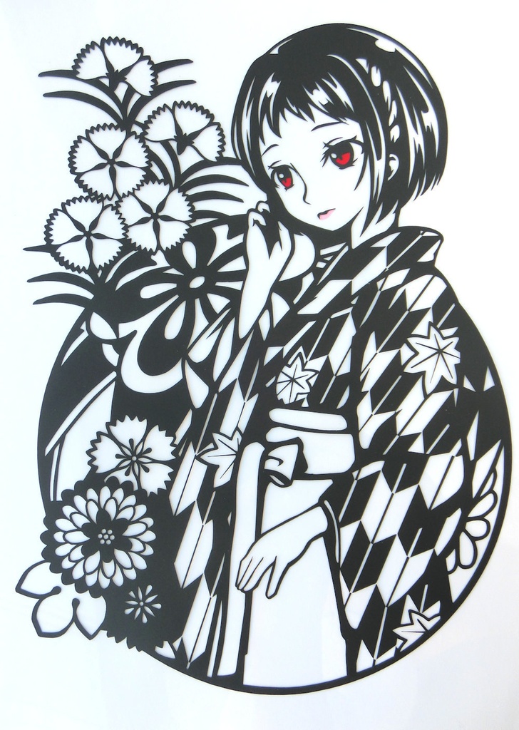 切り絵『大正ロマン矢絣ショートヘアの女学生』