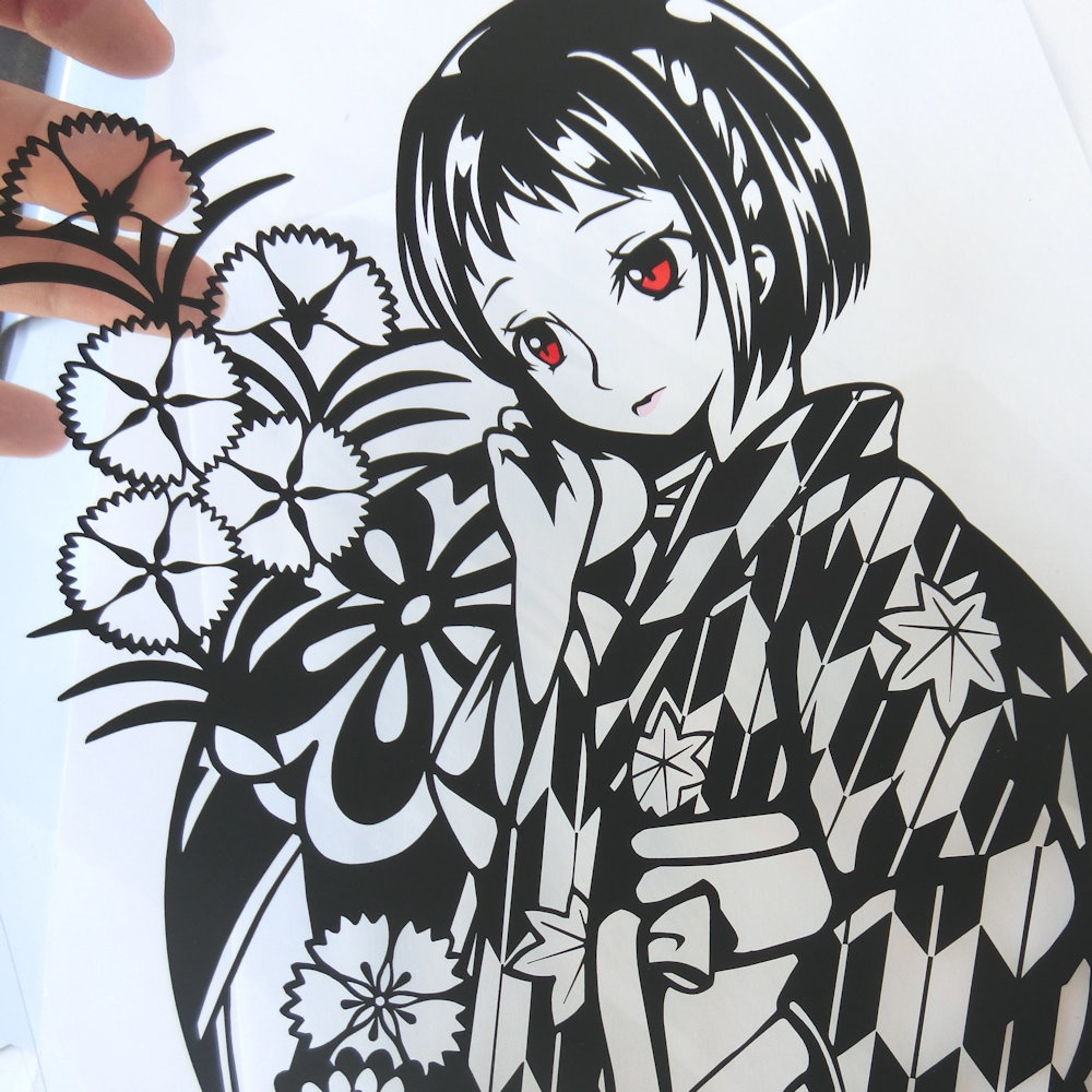 切り絵『大正ロマン矢絣ショートヘアの女学生』