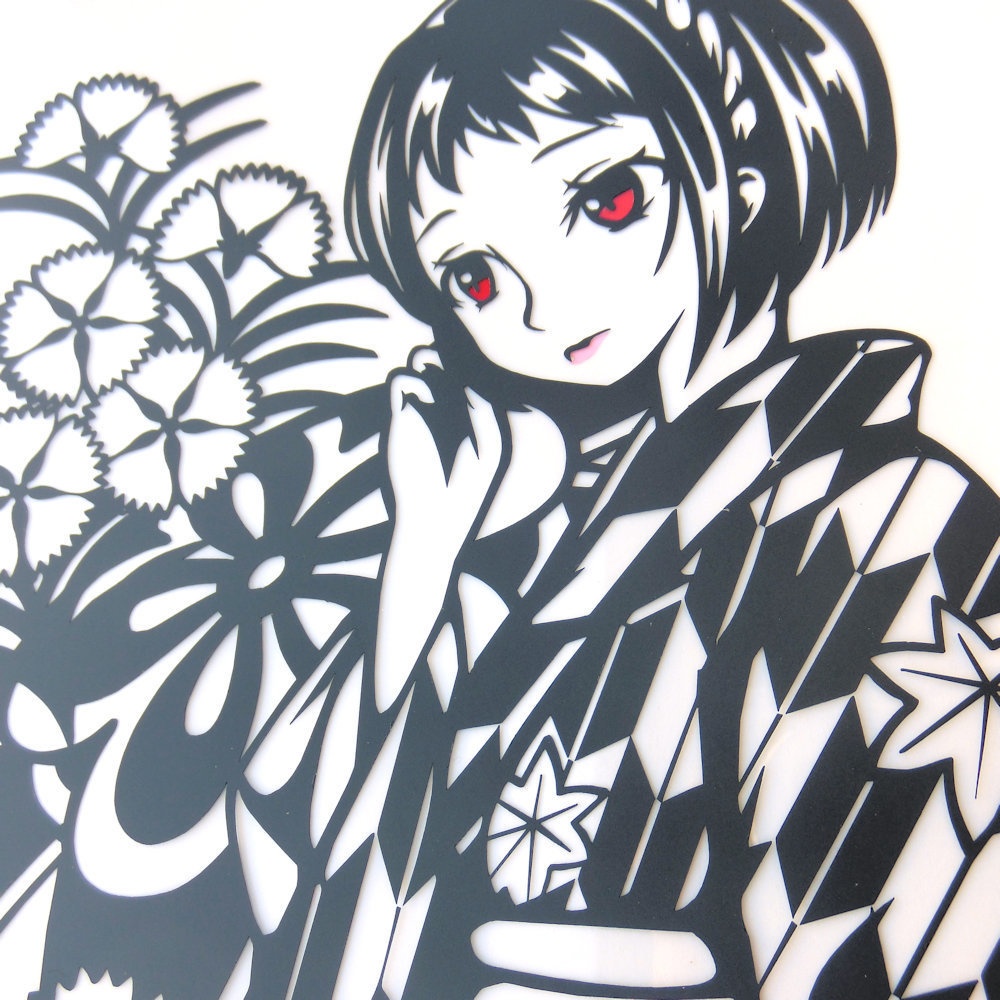 切り絵『大正ロマン矢絣ショートヘアの女学生』