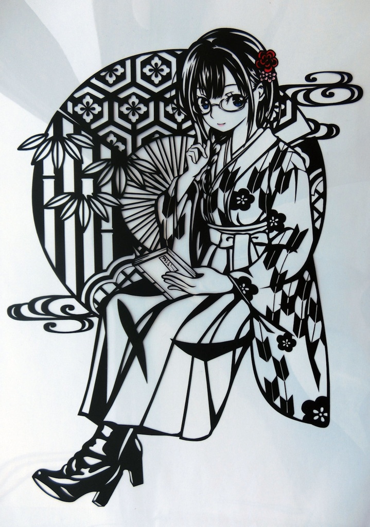 切り絵『大正ロマン図書室の女学生』