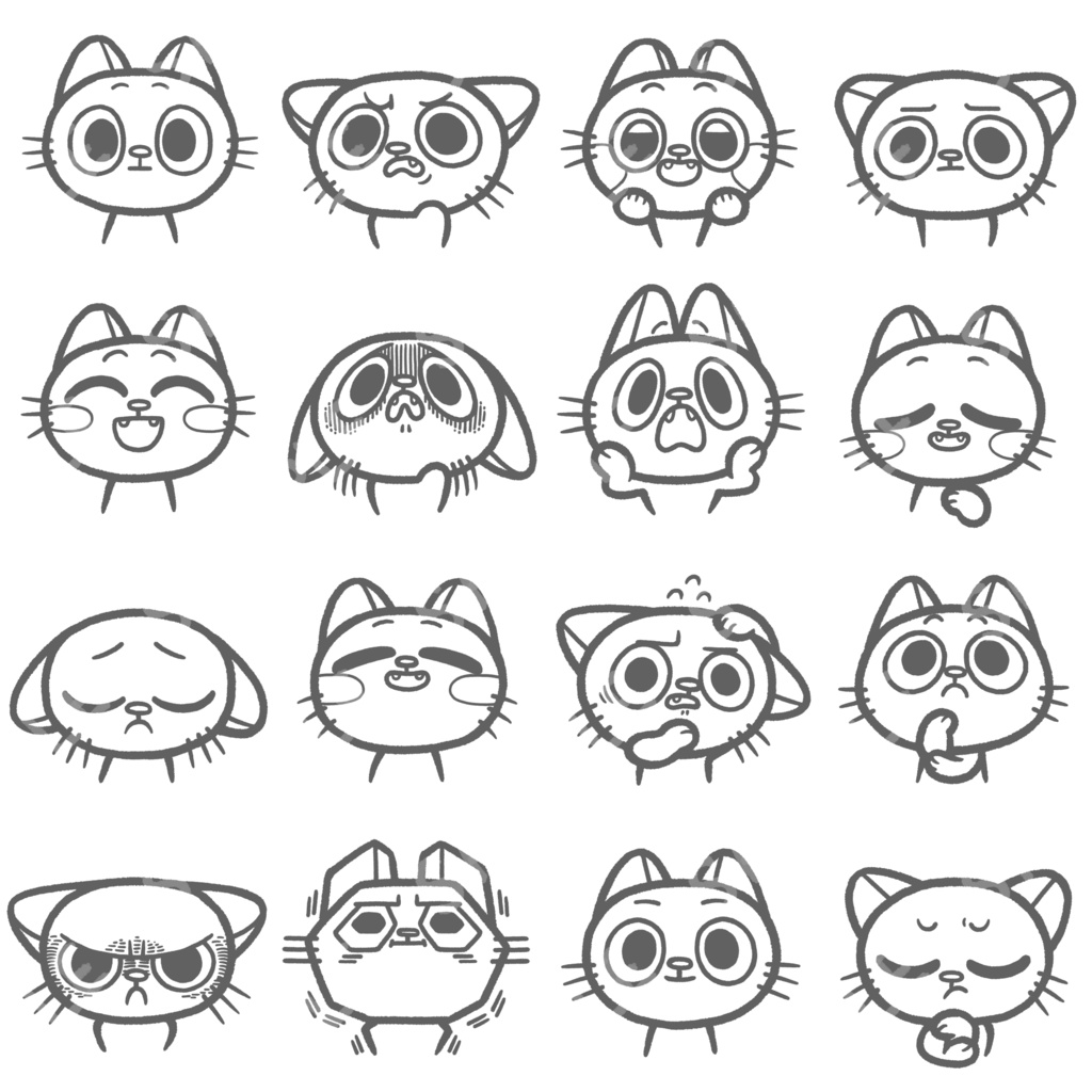 様々な表情をするネコ#01（白黒）
