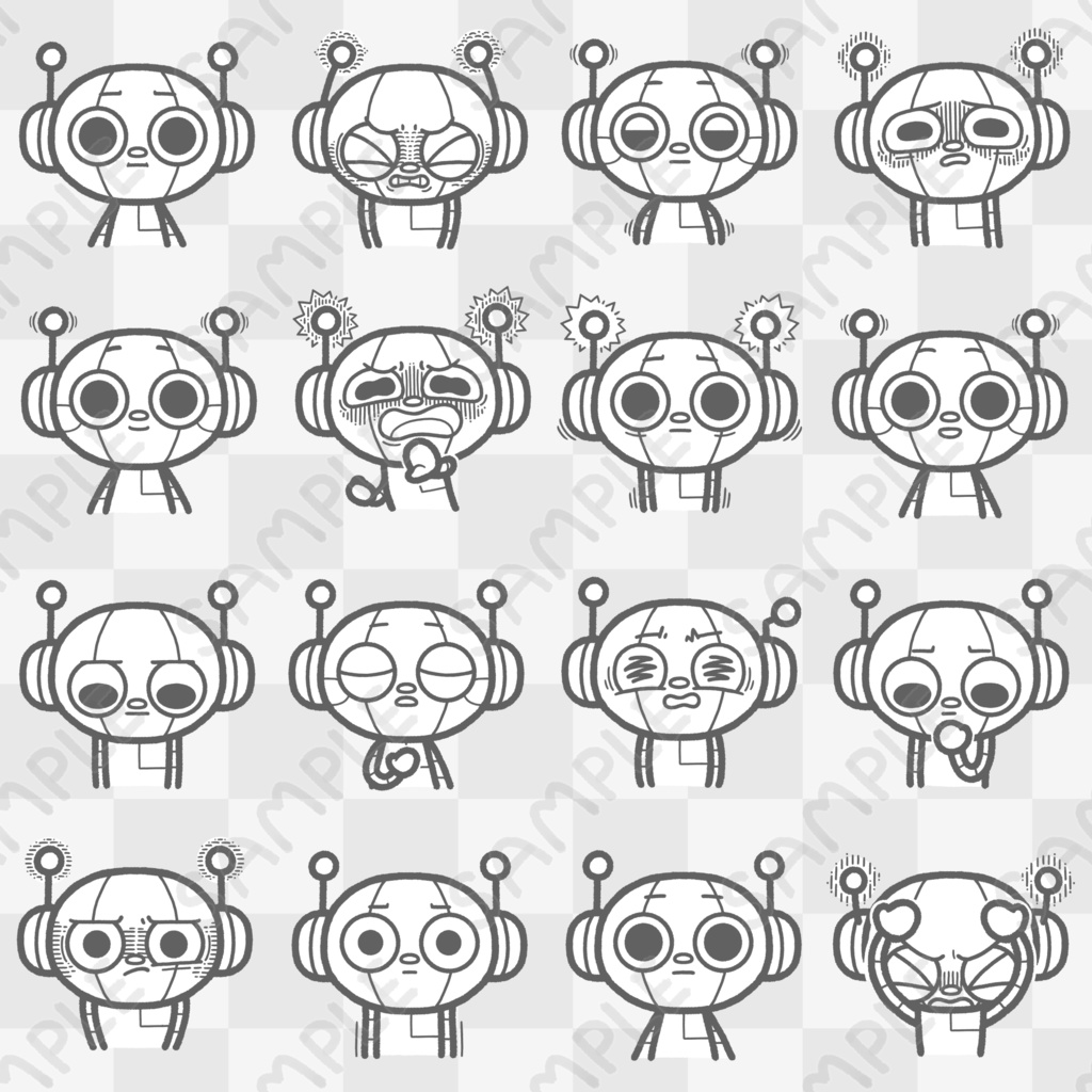 様々な表情をするロボット#01(白黒)