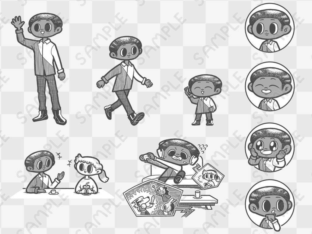 アフリカ系の人物キャラクター#01(白黒)