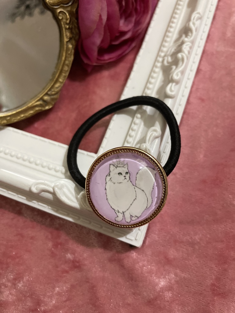 ハンドメイド 猫ヘアゴム チンチラシルバー パープル