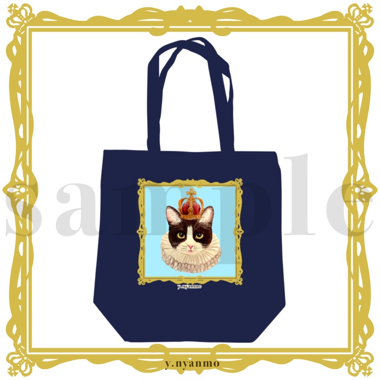 王冠ハチワレ　トートバッグ　ネイビー