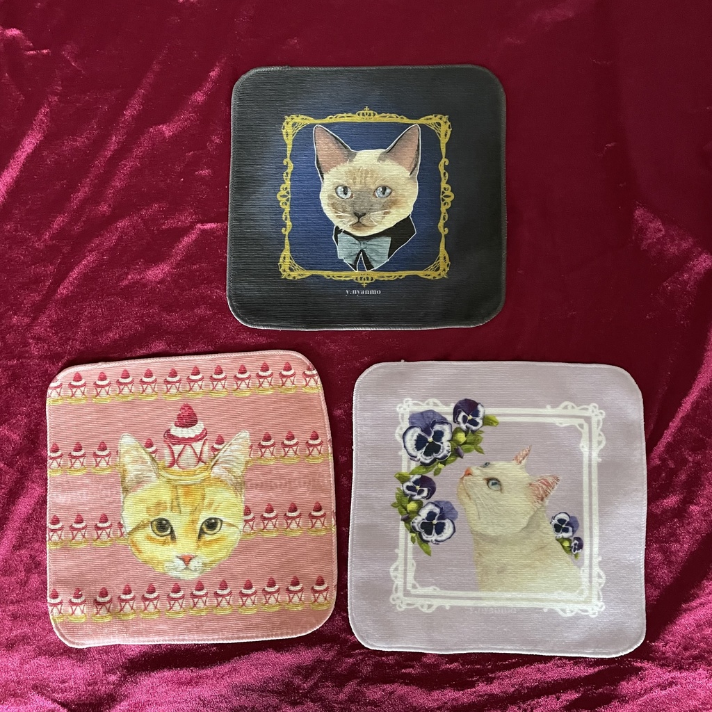 ミニタオルハンカチ 茶トラとケーキ ピンク