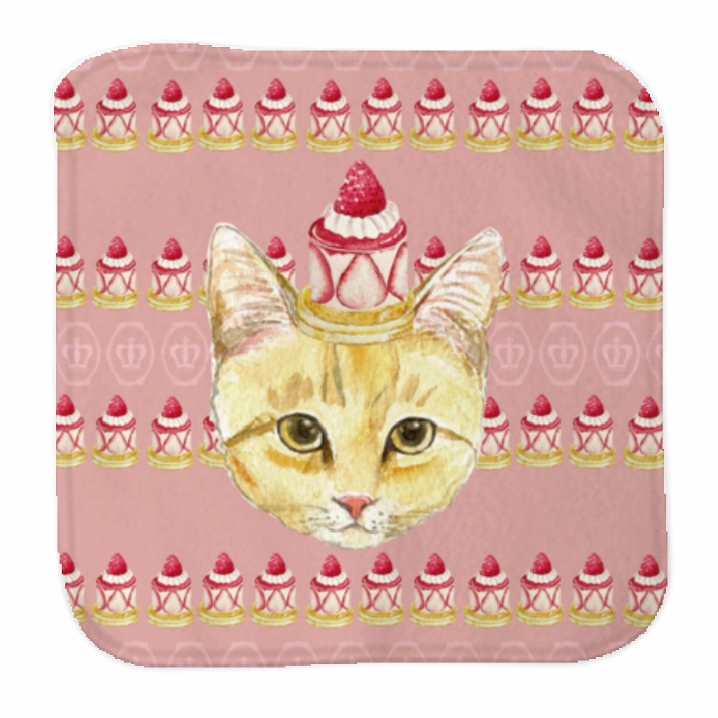 ミニタオルハンカチ 茶トラとケーキ ピンク