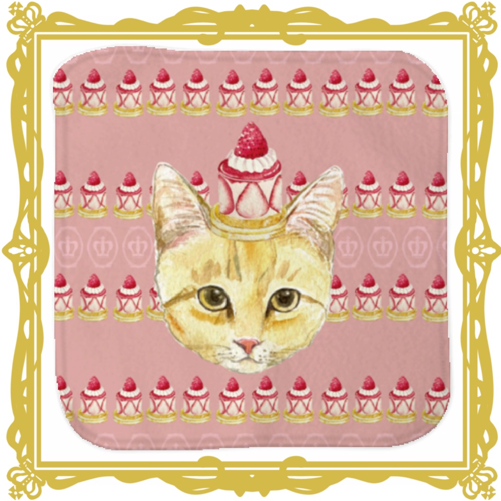 ミニタオルハンカチ 茶トラとケーキ ピンク