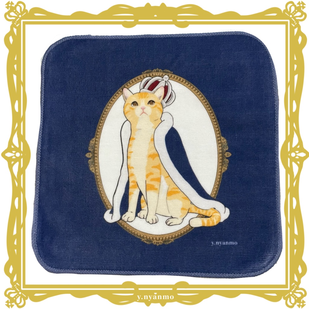 茶トラ王冠　タオルハンカチ　ネイビー