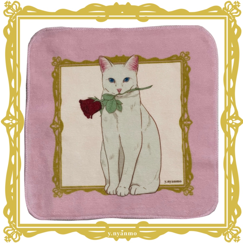 白猫と薔薇　タオルハンカチ　ピンク