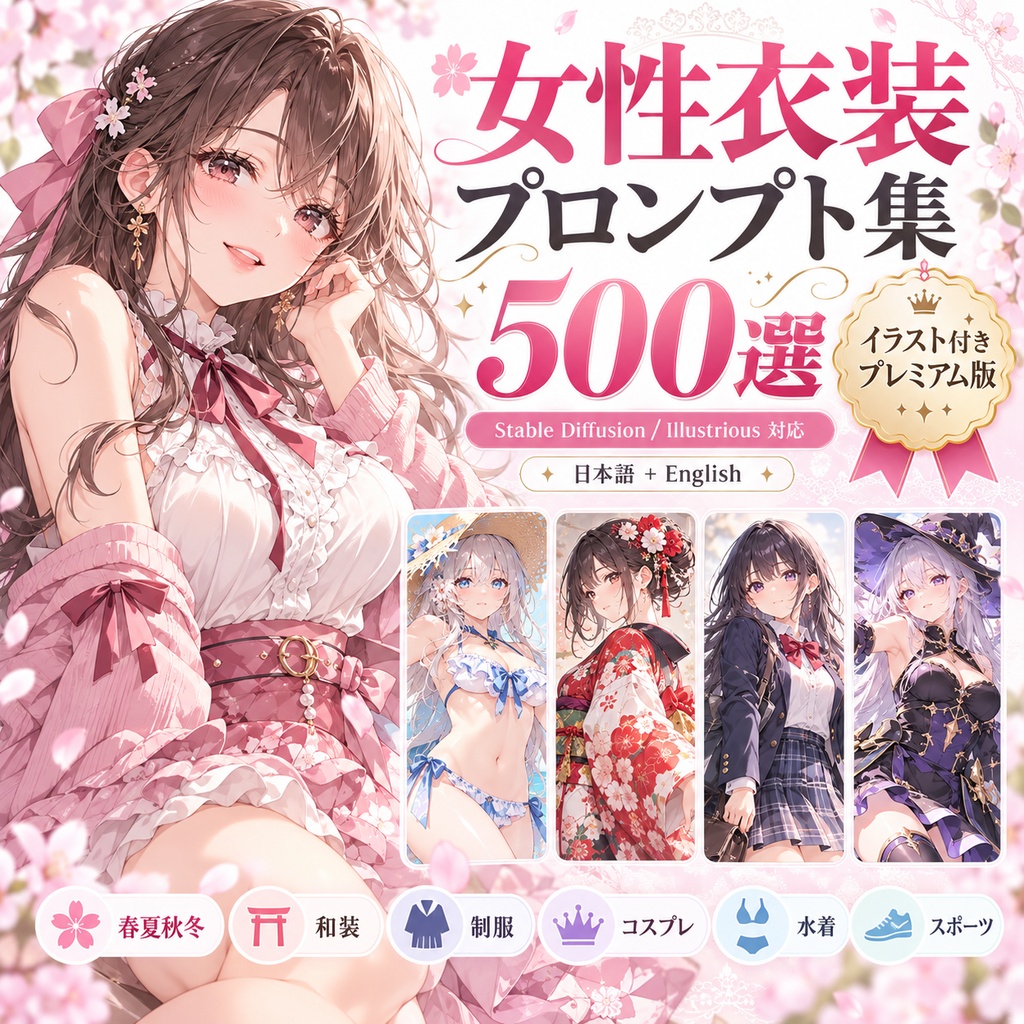 【Illustrious対応】女性衣装プロンプト500選｜イラスト付き｜Stable Diffusion｜日本語＋English