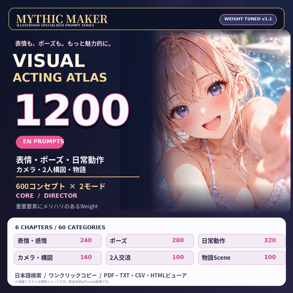 【Illustrious対応】VISUAL ACTING ATLAS 1200|表情・ポーズ・日常動作プロンプト辞典
