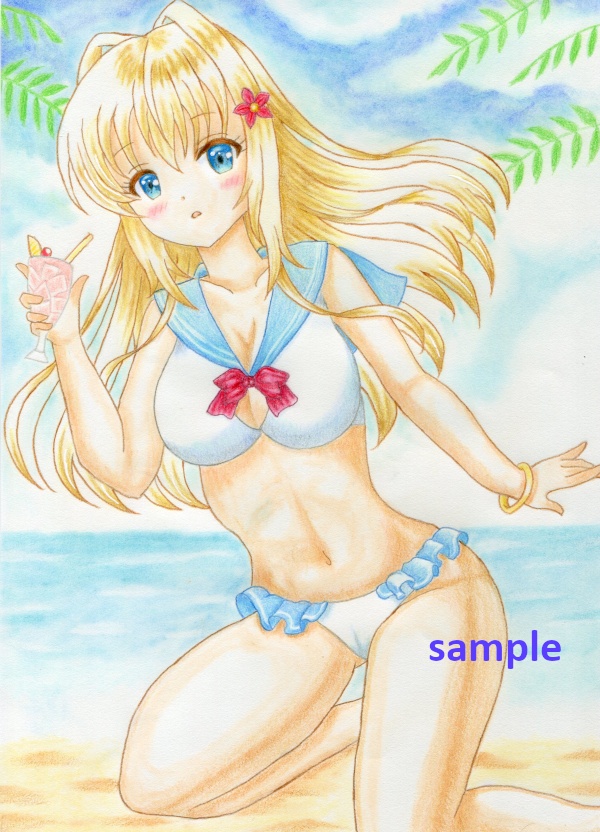 オリジナル手描きイラスト　セーラービキニ娘