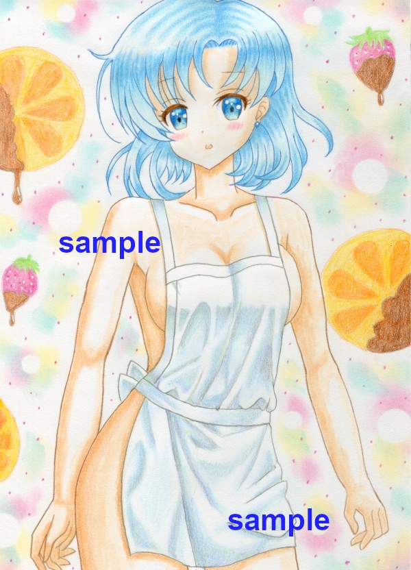 同人手描きイラスト　セーラーマーキュリー　裸エプロン