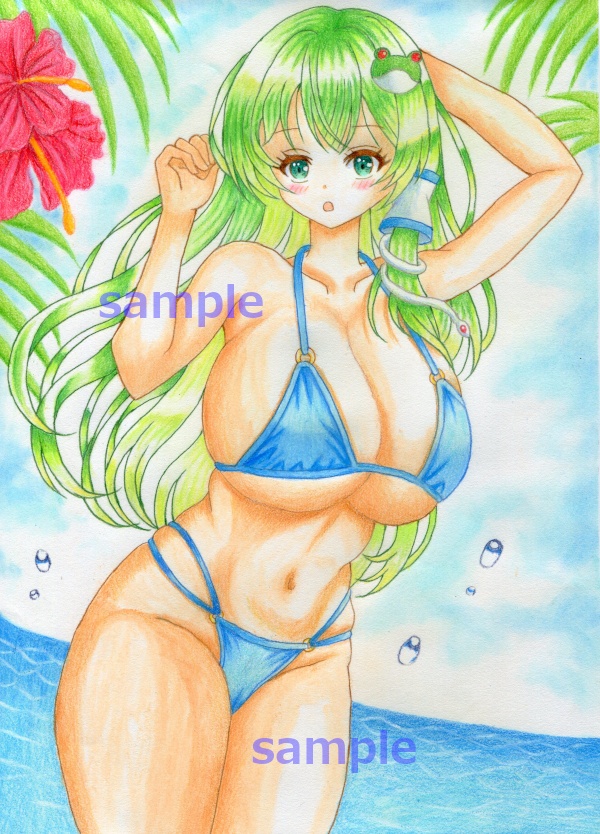 同人手描きイラスト　東風谷早苗　水着
