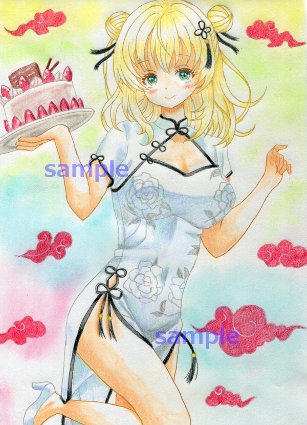 オリジナル手描きイラスト　チャイナドレスの娘