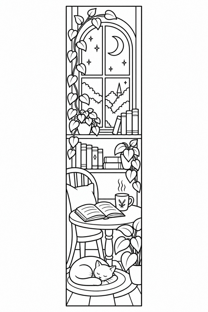 月明かりの読書室｜塗り絵しおり1柄・A4印刷PDF