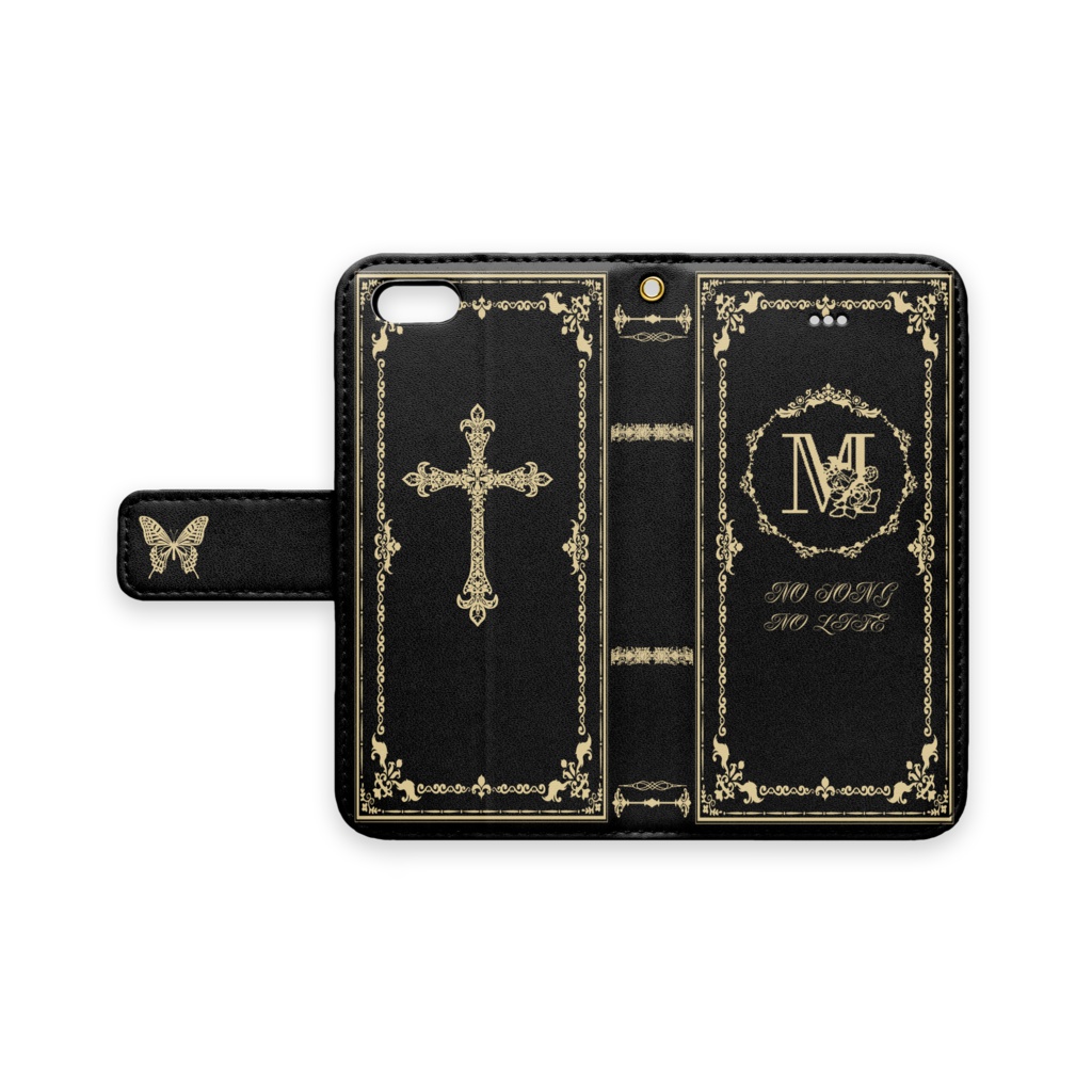 Mの聖書風iPhone６カバー手帳型ケース　黒