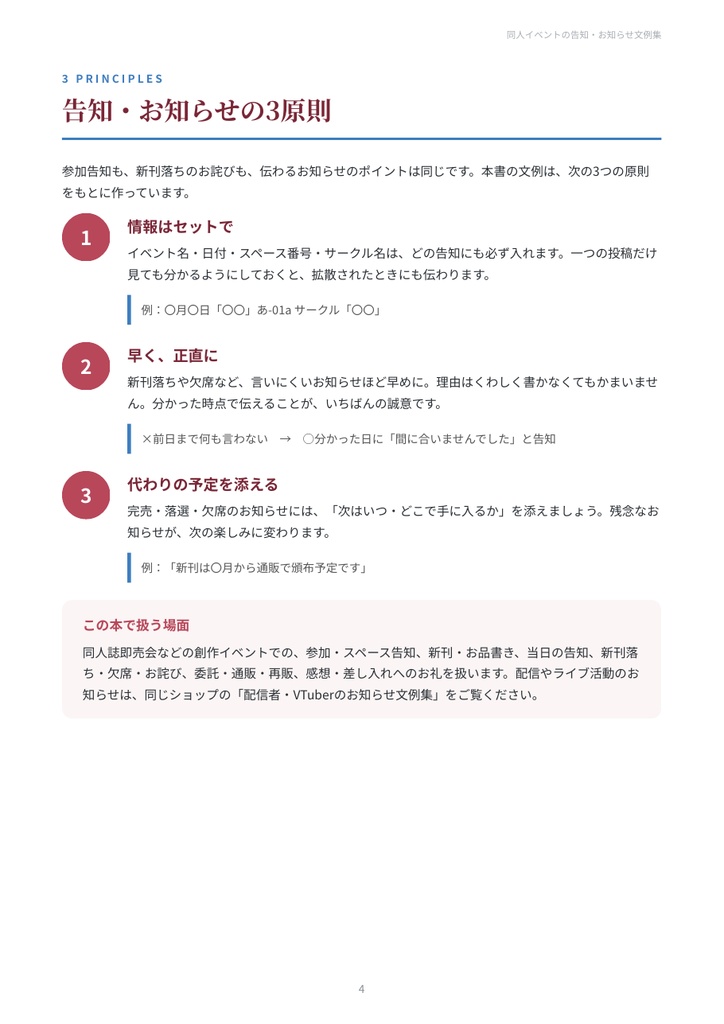 同人イベントの告知・お知らせ文例集|参加告知・スペース告知・お品書き・当日・新刊落ち・通販・感想お礼 27シーン【PDF19ページ】