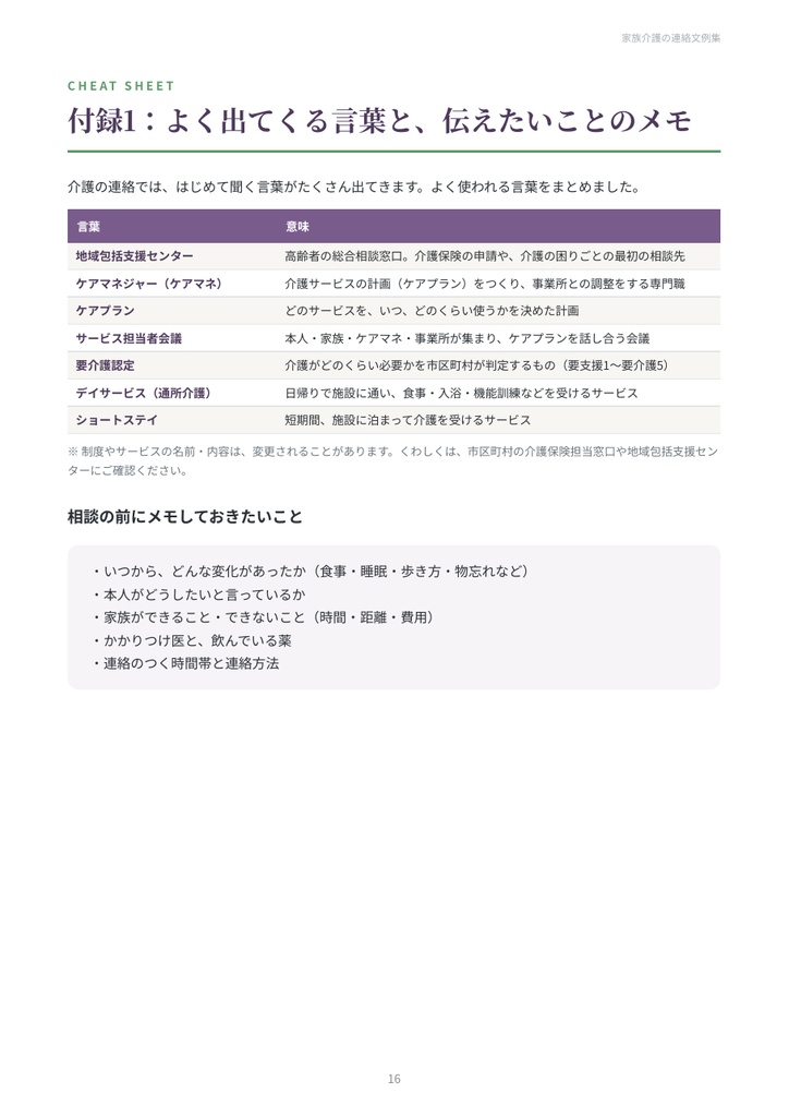 家族介護の連絡文例集|ケアマネ・デイサービス・介護施設への連絡・相談・お礼/きょうだい・職場への伝え方 27シーン【PDF18ページ】