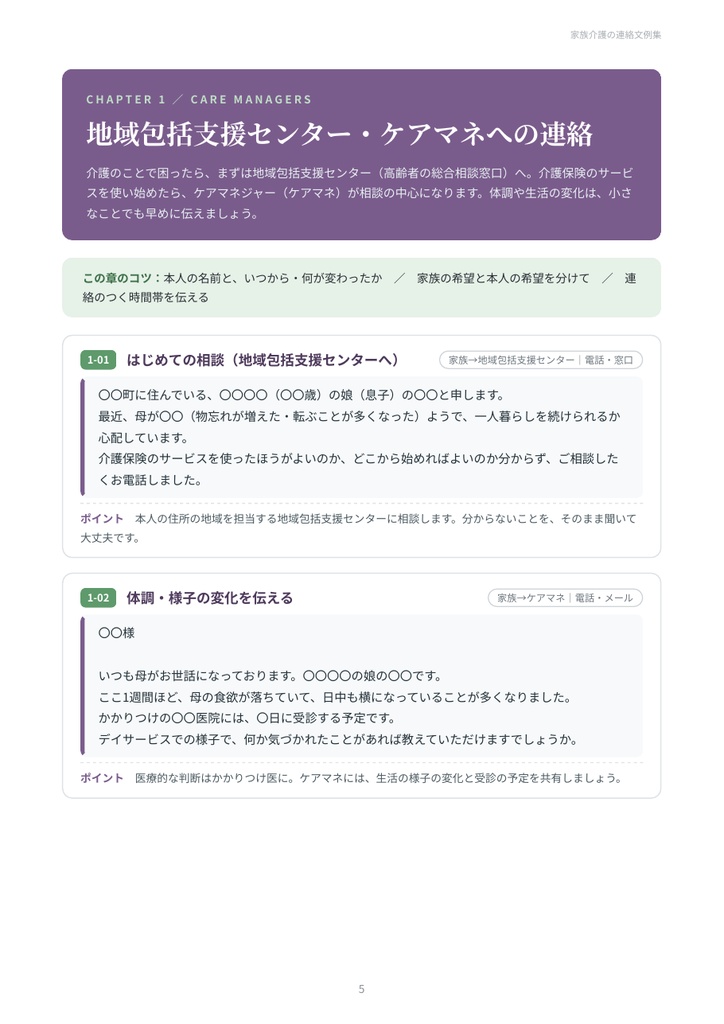 家族介護の連絡文例集|ケアマネ・デイサービス・介護施設への連絡・相談・お礼/きょうだい・職場への伝え方 27シーン【PDF18ページ】