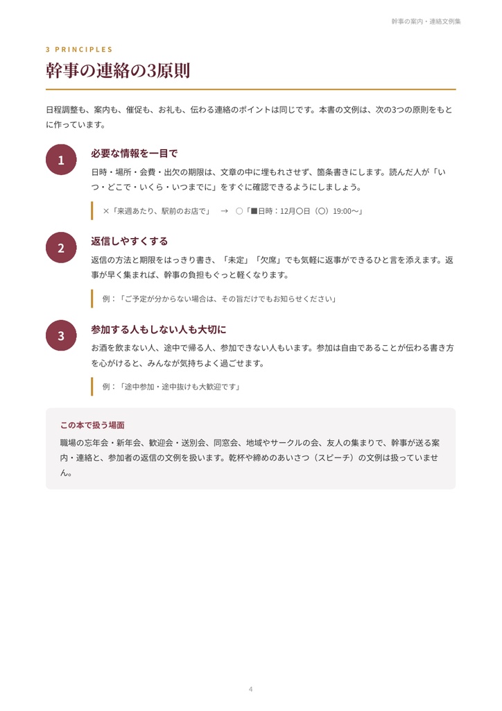 幹事の案内・連絡文例集|忘年会・新年会・歓送迎会・同窓会の案内文/出欠確認・リマインド・精算・お礼 28シーン【PDF24ページ】