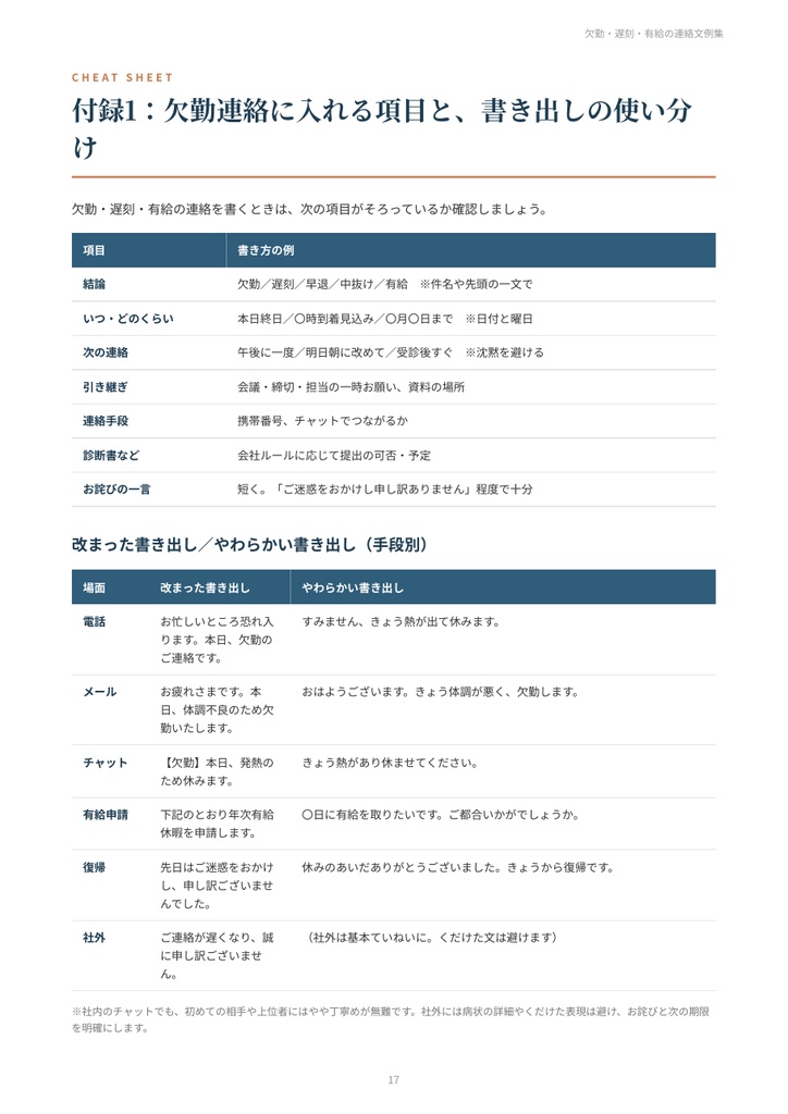 欠勤・遅刻・有給の連絡文例集|体調不良・風邪・発熱・電車遅延・通院・感染症・有給申請・復帰のお詫び 30シーン【PDF19ページ】
