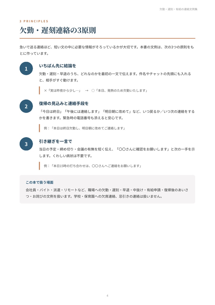 欠勤・遅刻・有給の連絡文例集|体調不良・風邪・発熱・電車遅延・通院・感染症・有給申請・復帰のお詫び 30シーン【PDF19ページ】