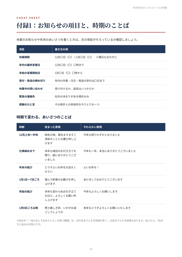 年末年始のビジネスメール文例集|年末のあいさつ・年末年始休業のお知らせ・自動返信・仕事納め・新年のあいさつ 25シーン【PDF21ページ】