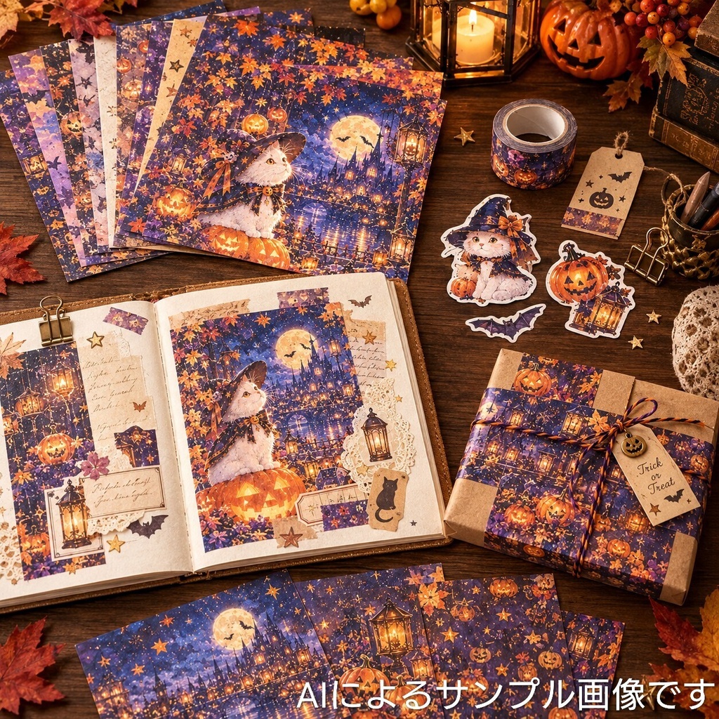 【無料配布】🌙 月夜の白猫_かぼちゃランタンの夜_ハロウィンデザインペーパー🎃